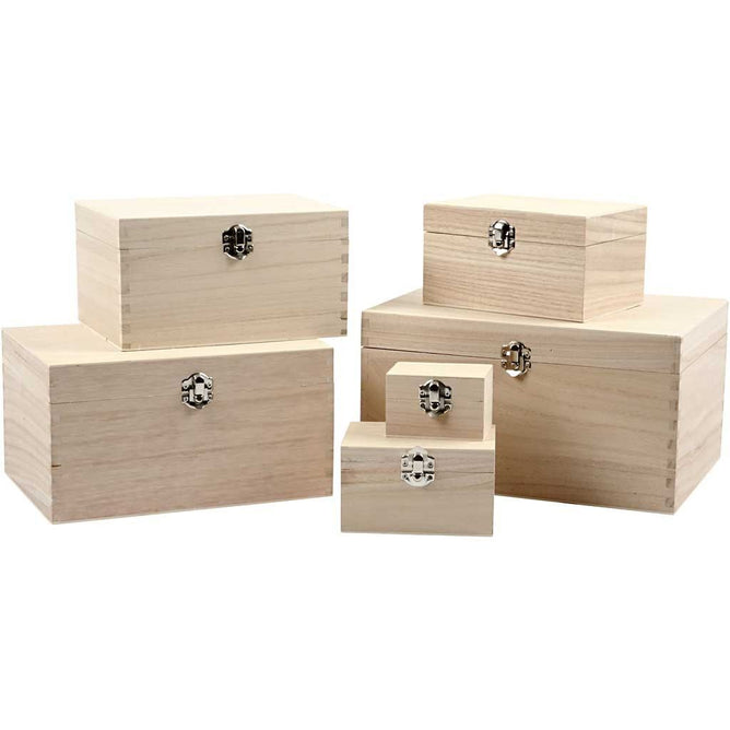 Wooden Box With Hinged Lid Treasure Memory Chests Storage Metal Clasps - Choose Size