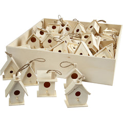 60 x Assorted Size Wooden Mini Bird House With String Hanging Decoration Crafts 7 cm