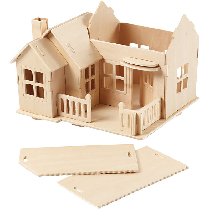 Plywood 3D Construction Kit Toys Children Decoration Crafts 19x17.5x15 cm - House With Terrace