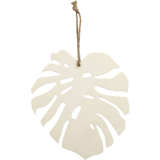 Light Wood Carved Monstera Leaf With String Hanging Decoration Crafts W: 19 cm