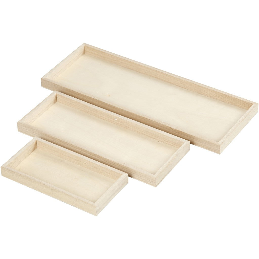 3 Trays Paulownia Wood Oblong Shape Length: 20+30+40 cm, Width: 10+12+15 cm