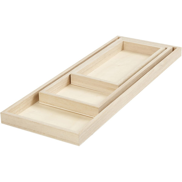 3 Trays Paulownia Wood Oblong Shape Length: 20+30+40 cm, Width: 10+12+15 cm