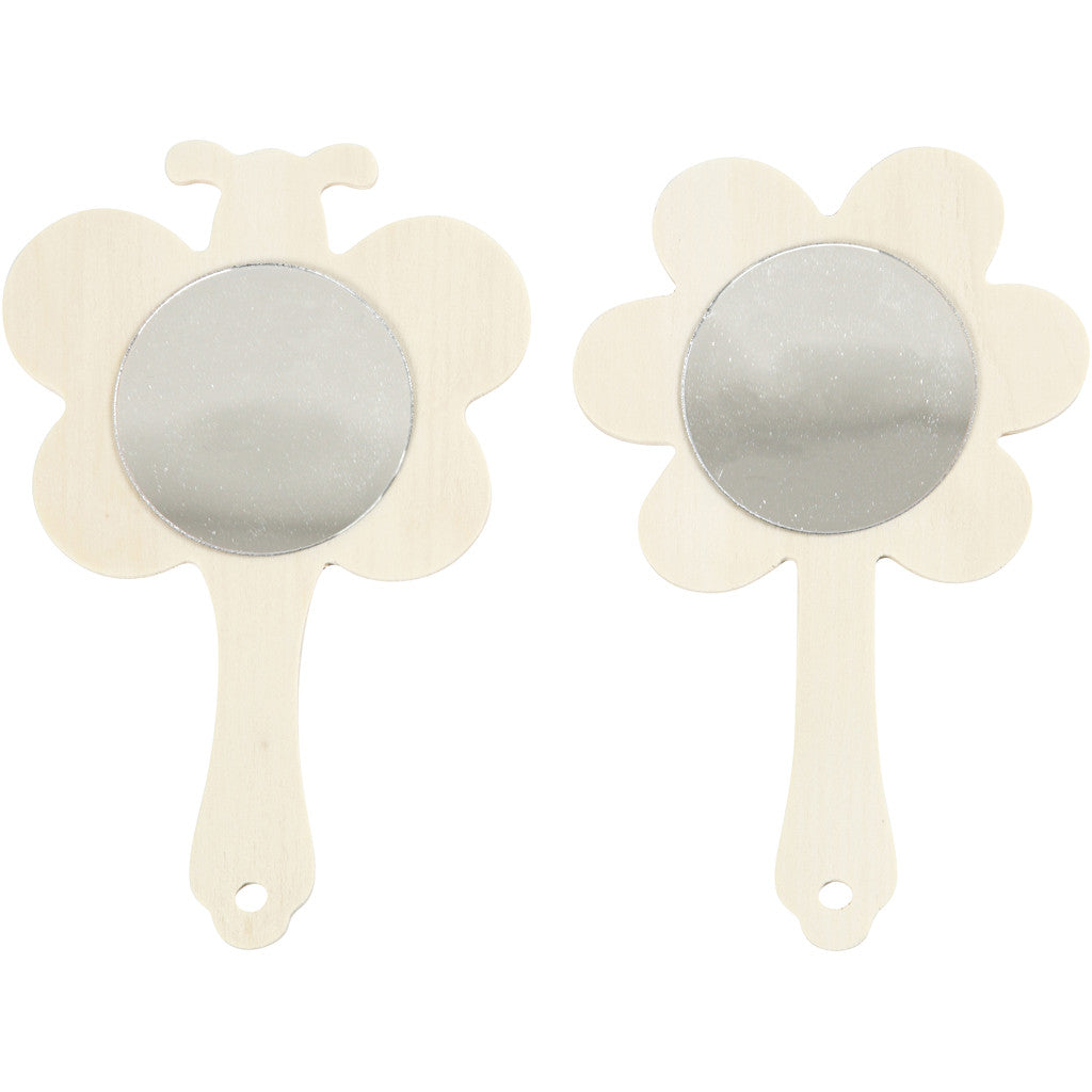 2 x Plywood Hand Frames With Mirrors Home Decoration Crafts W: 9 cm - Butterflies Flowers