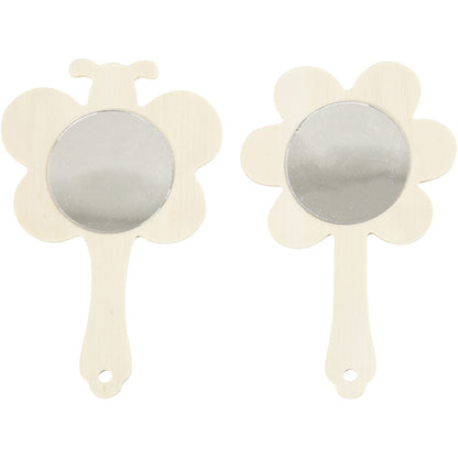 2 x Plywood Hand Frames With Mirrors Home Decoration Crafts W: 9 cm - Butterflies Flowers