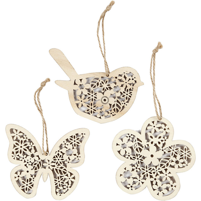 3 x Wooden Ornament Motifs With Cord Hanging Decoration Crafts - Butterfly Bird Flower