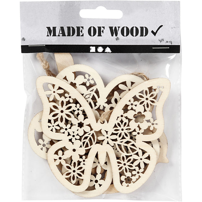 3 x Wooden Ornament Motifs With Cord Hanging Decoration Crafts - Butterfly Bird Flower