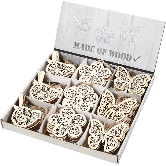 90 x Wooden Ornament Motifs With Cord Hanging Decoration Crafts - Butterfly Bird Flower