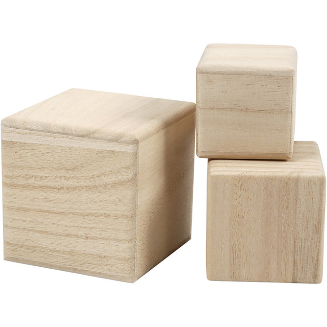 3 x Assorted Size Paulownia Wood Stacking Cubes Decoration Crafts
