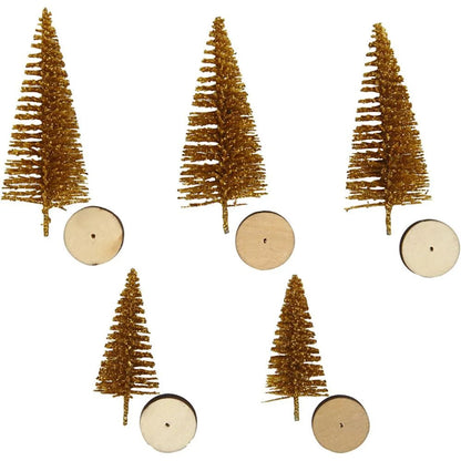 5x Christmas Golden Spruce Trees Cute Miniature Models Figures 4+6 cm