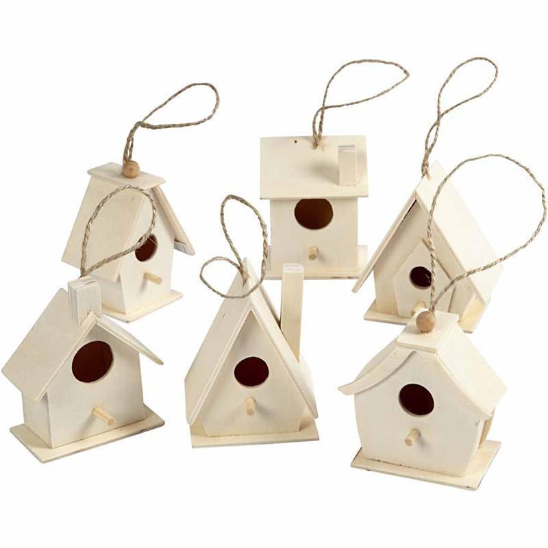 6 Wooden Mini Bird House With String To Paint/Decorate 7 cm - Home - Crafts