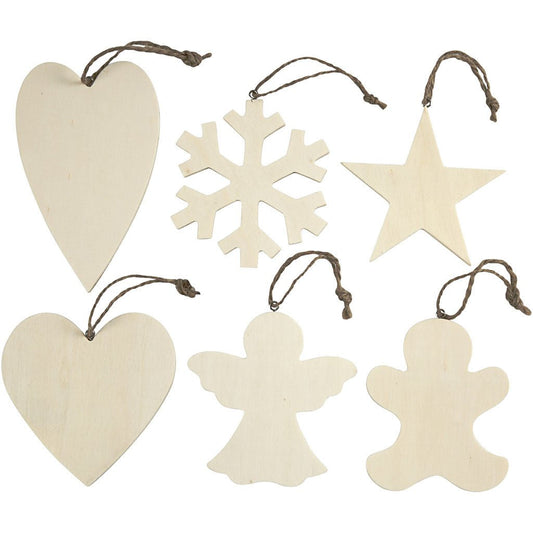 6 x Assorted Design Plywood Ornaments With Cord Christmas Decoration Crafts 9 - 11 cm - Home - Crafts