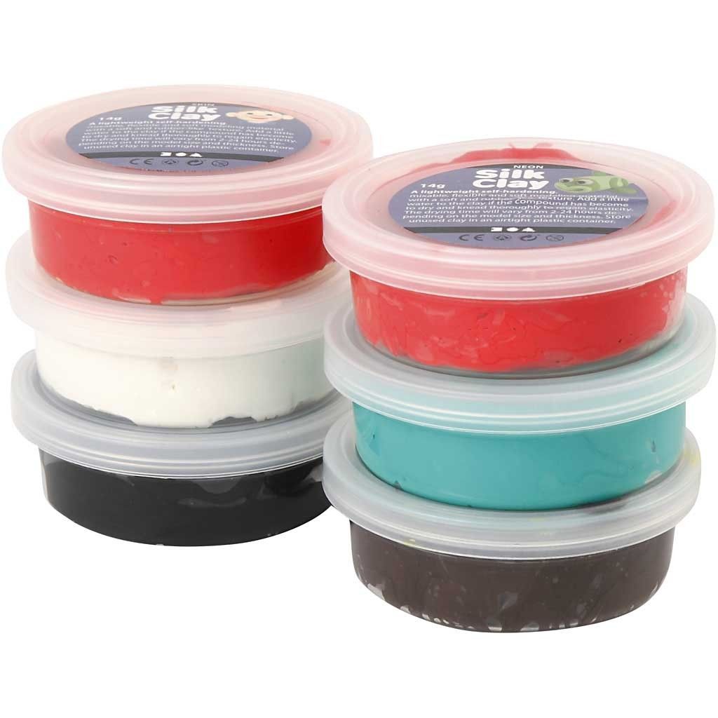 6 x Assorted Neon Colour Pliable Modelling Material With Plastic Tub 14 g - Home - Crafts