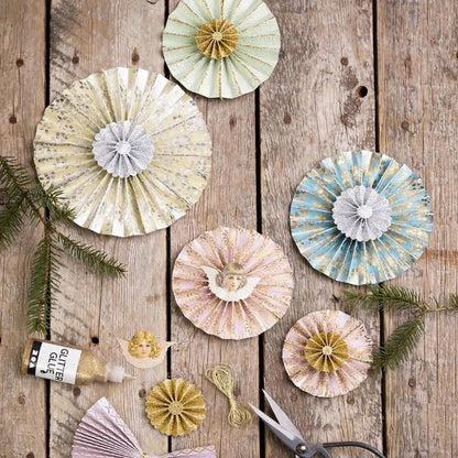 6 x Gold Glitter Paper Rosettes Self Adhesive 2 Assorted Sizes Christmas Decor