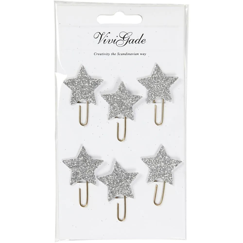 6 x Gold Plated Metal Glitter Paperclips Hearts Star Shaped Christmas Deco Craft