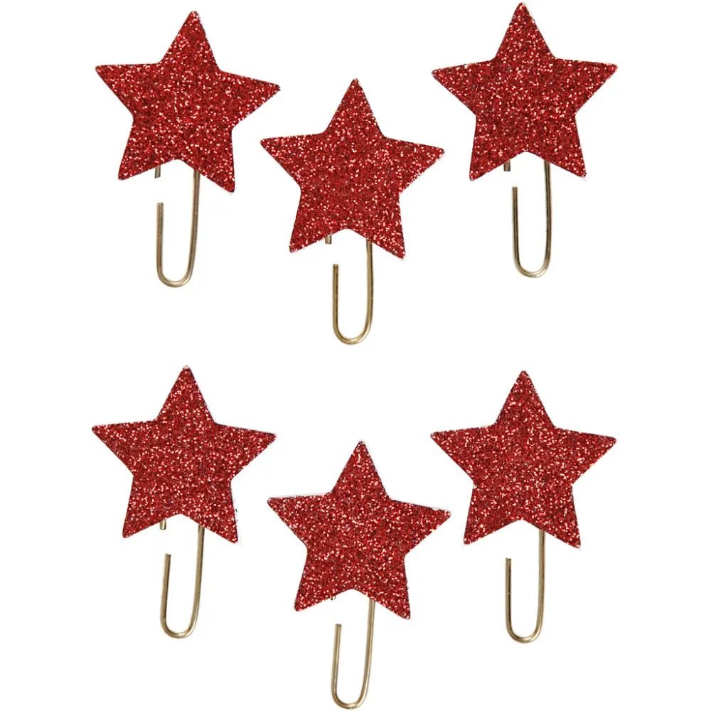 6 x Gold Plated Metal Glitter Paperclips Hearts Star Shaped Christmas Deco Craft