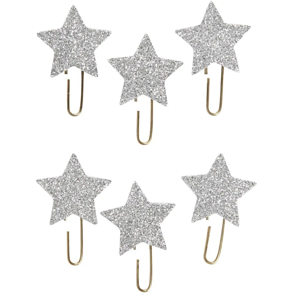 6 x Gold Plated Metal Glitter Paperclips Hearts Star Shaped Christmas Deco Craft
