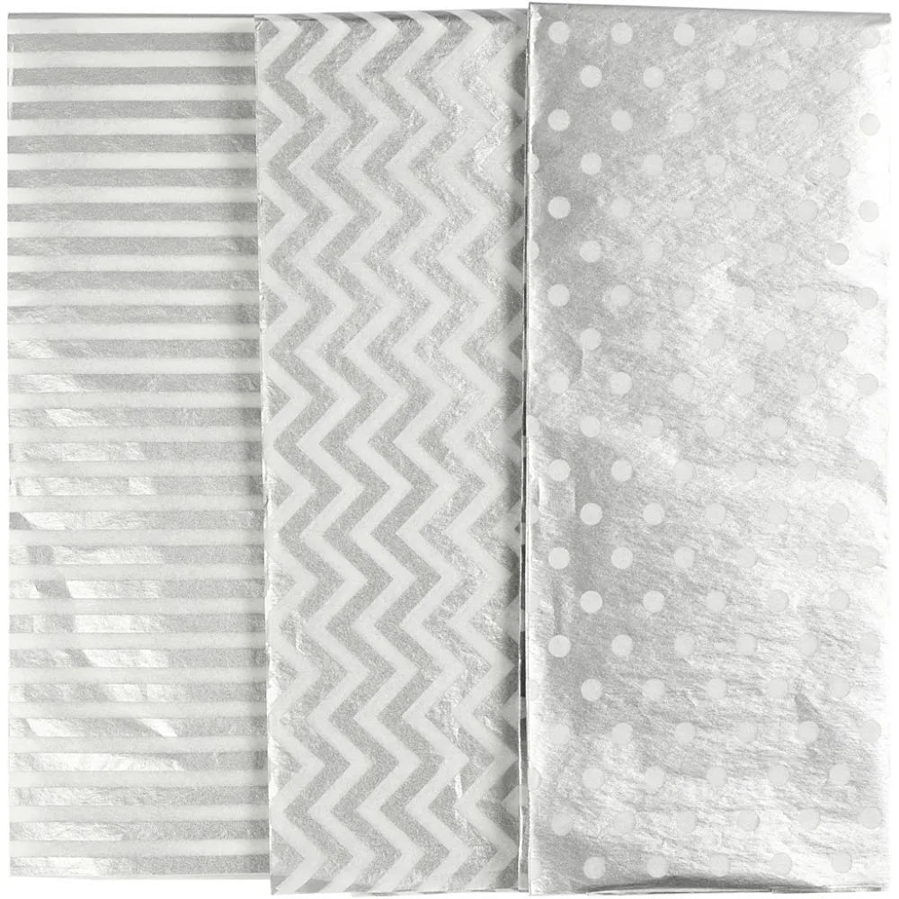 6 x Printed Tissue Paper Sheets Silver Gold 3 Assorted Designs Christmas Deco
