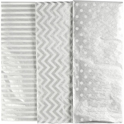 6 x Printed Tissue Paper Sheets Silver Gold 3 Assorted Designs Christmas Deco