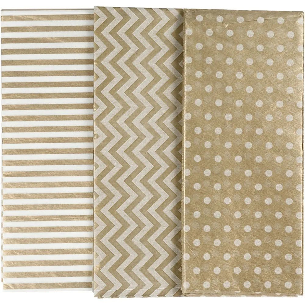 6 x Printed Tissue Paper Sheets Silver Gold 3 Assorted Designs Christmas Deco