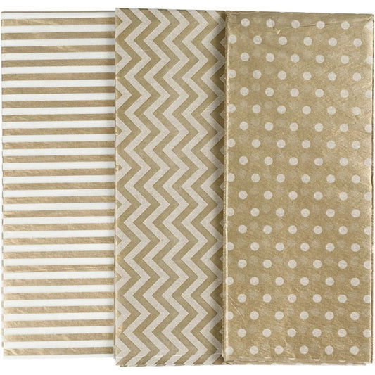 6 x Printed Tissue Paper Sheets Silver Gold 3 Assorted Designs Christmas Deco