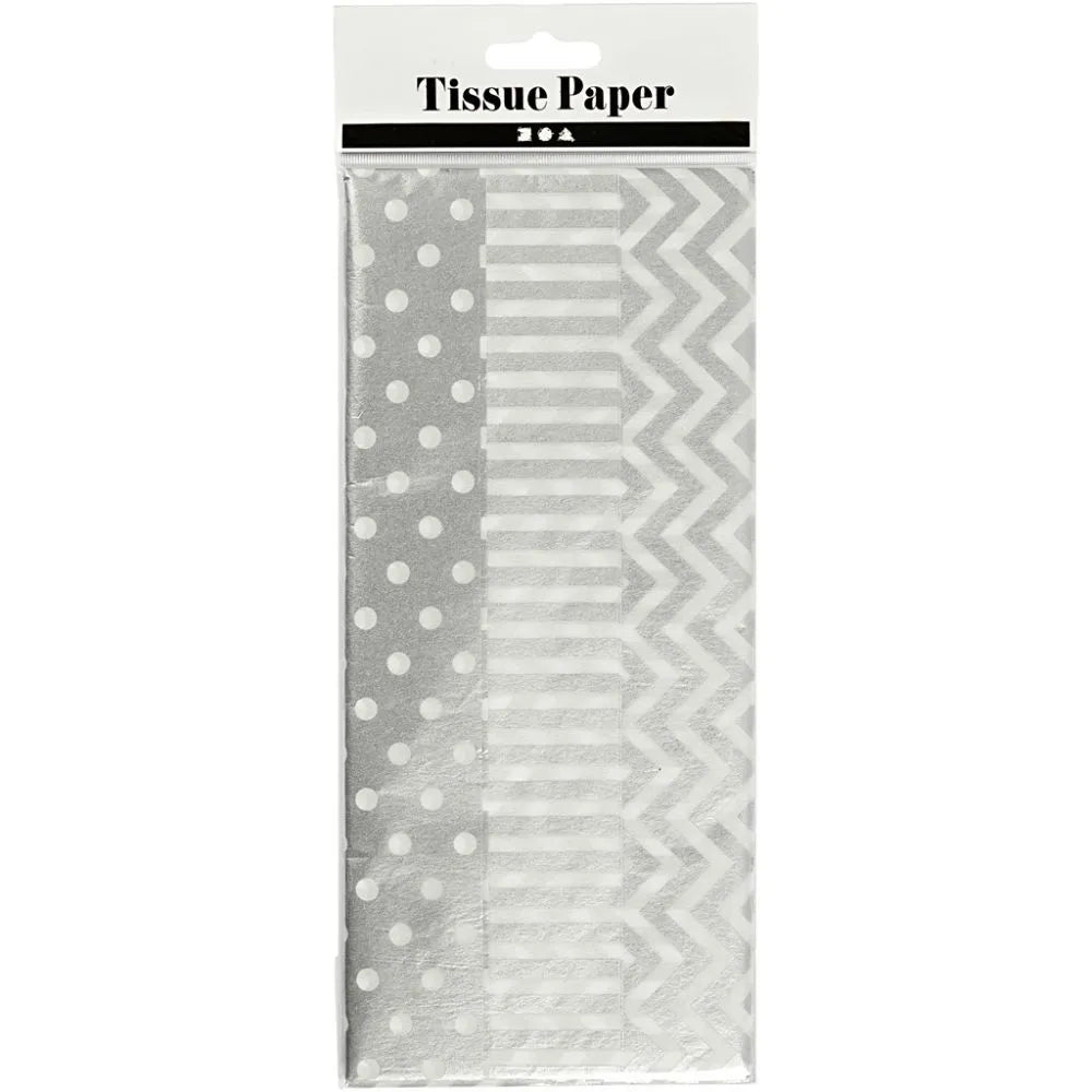 6 x Printed Tissue Paper Sheets Silver Gold 3 Assorted Designs Christmas Deco