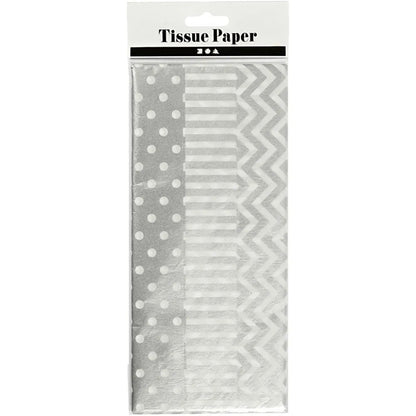6 x Printed Tissue Paper Sheets Silver Gold 3 Assorted Designs Christmas Deco
