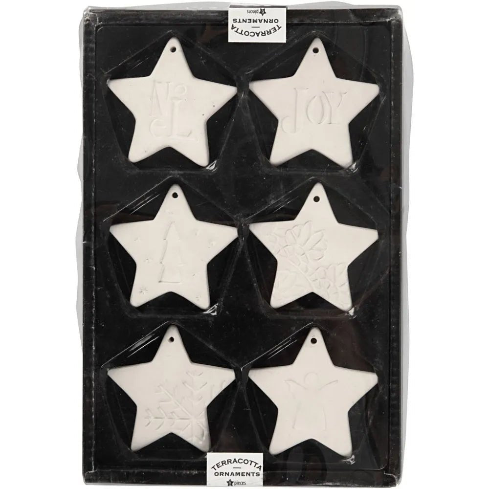 6 x Terracotta Hanging Ornaments With Hole Star Different Design Christmas Craft