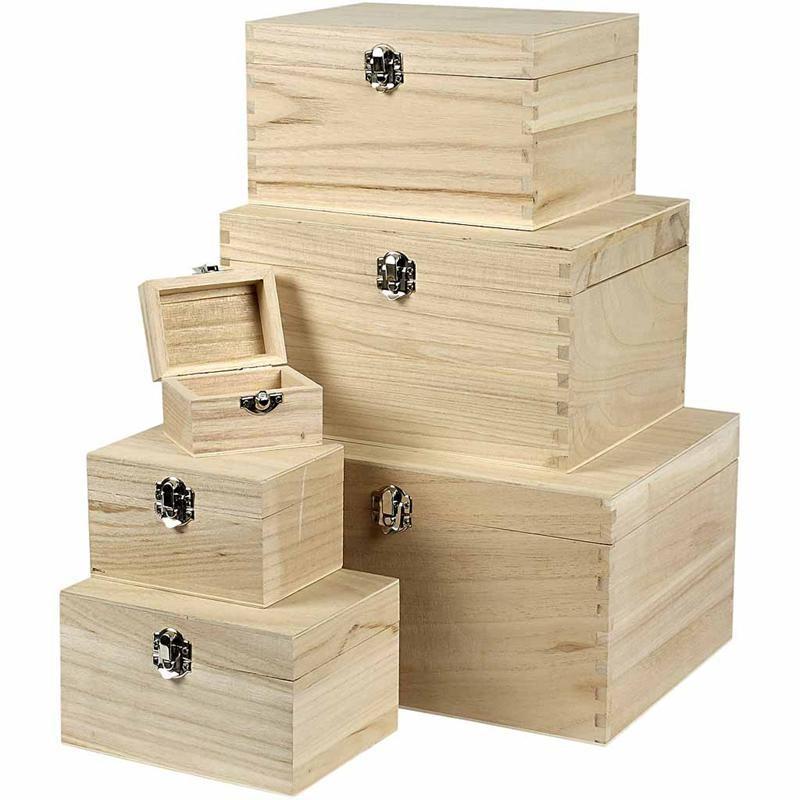 6 x Wooden Box With Hinged Lid Treasure Chests Storage Clasps Box Set - Home - Crafts