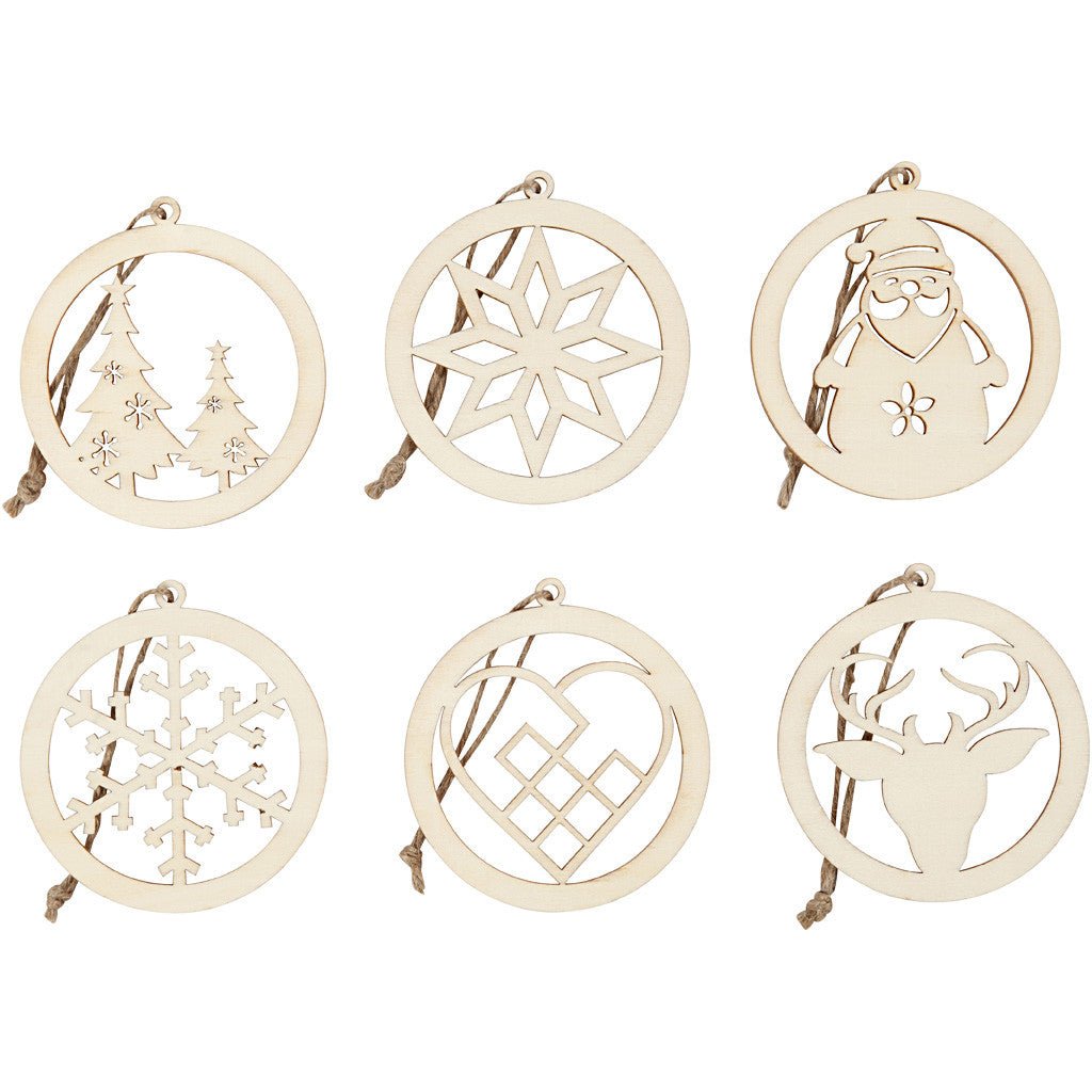 6 x Wooden Christmas Ornaments With Suspension Cord Hanging Decoration Crafts 8 cm - Home - Crafts