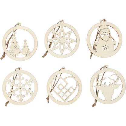 6 x Wooden Christmas Ornaments With Suspension Cord Hanging Decoration Crafts 8 cm - Home - Crafts
