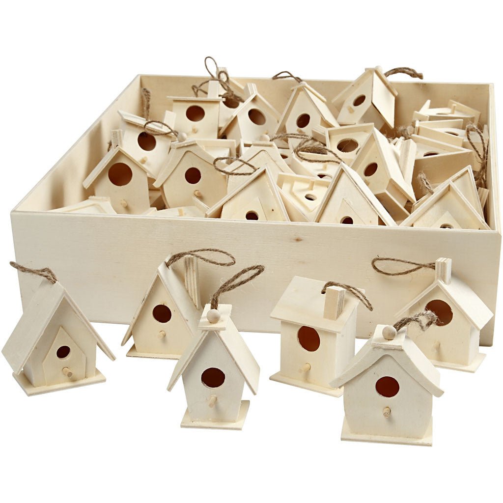 60 x Assorted Size Wooden Mini Bird House With String Hanging Decoration Crafts 7 cm - Home - Crafts