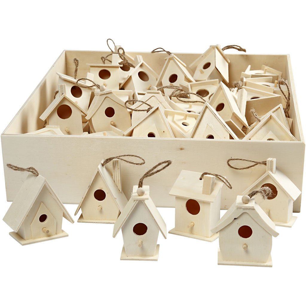 60 x Assorted Size Wooden Mini Bird House With String Hanging Decoration Crafts 7 cm - Home - Crafts
