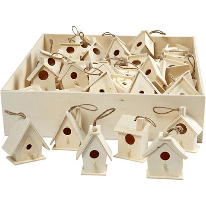 60 x Assorted Size Wooden Mini Bird House With String Hanging Decoration Crafts 7 cm - Home - Crafts