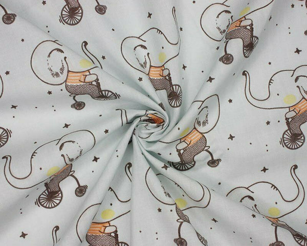 Cycling Elephant Silver Polycotton Children Fabric