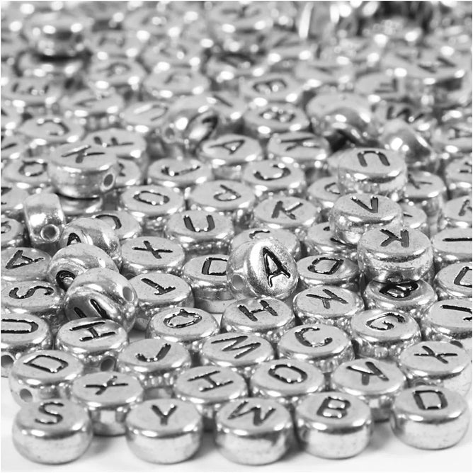 200 x Round Silver Colour Plastic Letter Beads Jewellery Making Supplies Crafts
