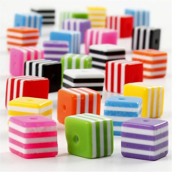 Candy Stripe Sweets Colourful 8mm Cube Square Shaped Resin Beads Jewellery 55g