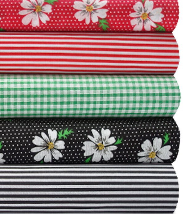 Fabric Bundles Fat Quarters Polycotton Material Florals Gingham Spots Craft -RED & BLACK DAISES