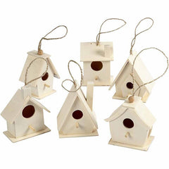 6 Wooden Mini Bird House With String To Paint/Decorate 7 cm - Hobby & Crafts