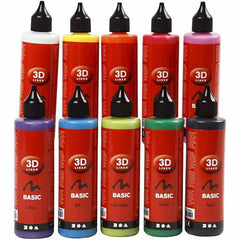 3D Liner Assorted Basic Colour Paint For Cardboards Fabrics Painting 10 x 100 ml - Hobby & Crafts