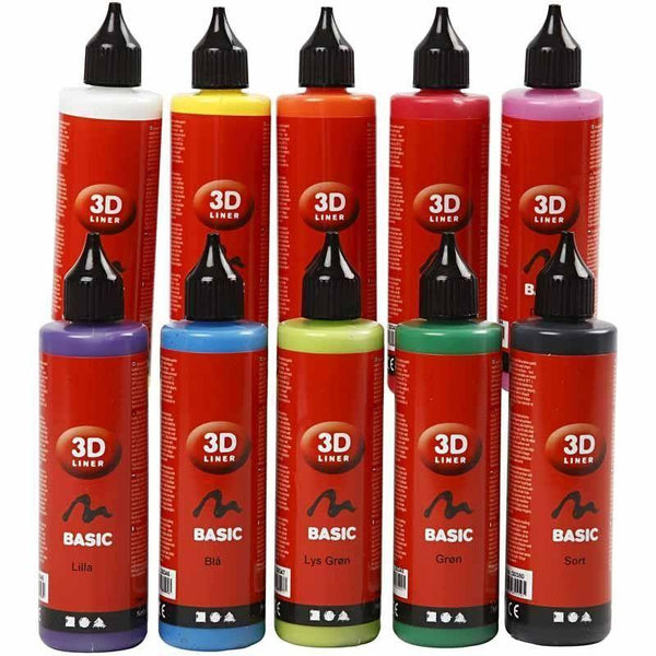 3D Liner Assorted Basic Colour Paint For Cardboards Fabrics Painting 10 x 100 ml - Hobby & Crafts