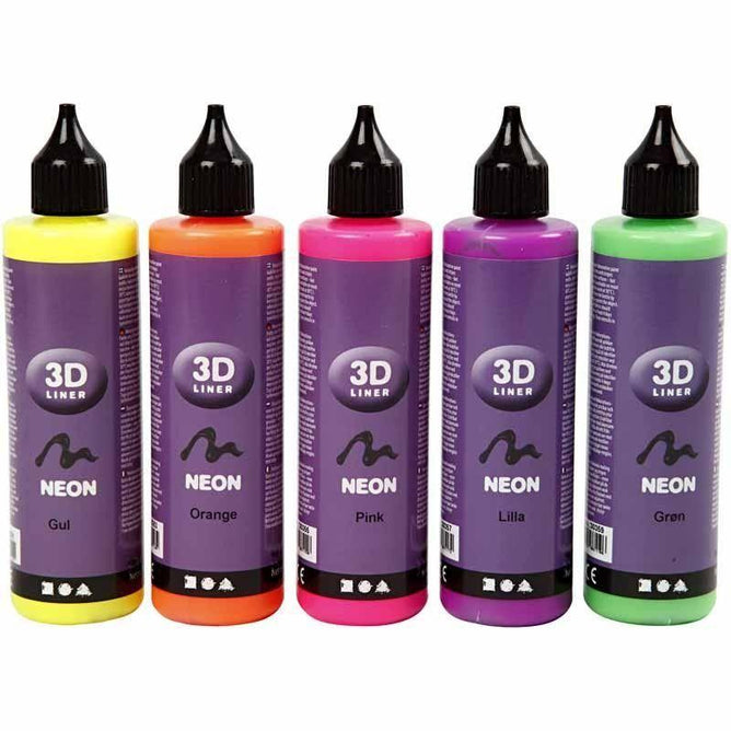 3D Liner Assorted Neonfarver Colour Paint For Cardboards Fabrics Painting 5 x 100 ml - Hobby & Crafts