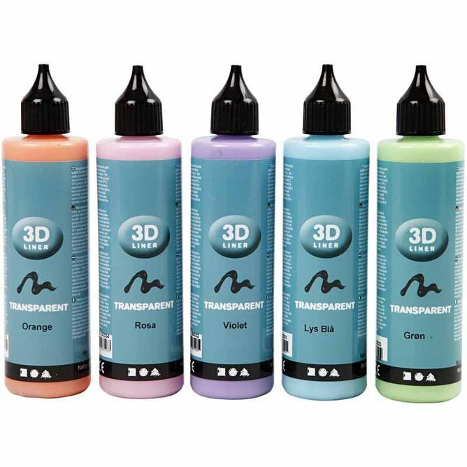 3D Liner Assorted Transparent Colour Paint For Cardboards Fabrics Painting 5 x 100 ml - Hobby & Crafts