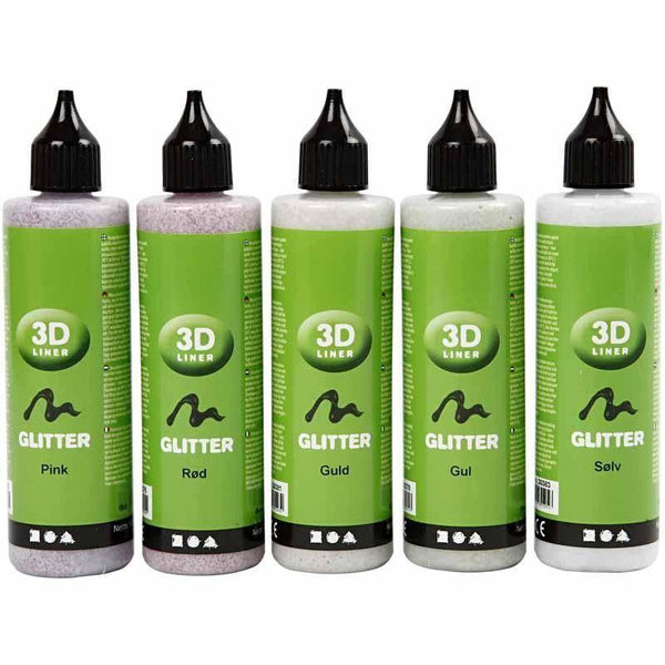 3D Liner Assorted Glitter Colour Paint For Cardboards Fabrics Painting 5 x 100 ml - Hobby & Crafts