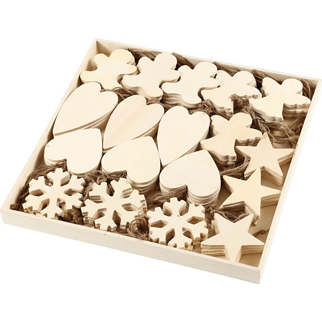 90 x Assorted Design Plywood Ornaments With Cord Christmas Decoration Crafts 9 - 11 cm - Home - Crafts