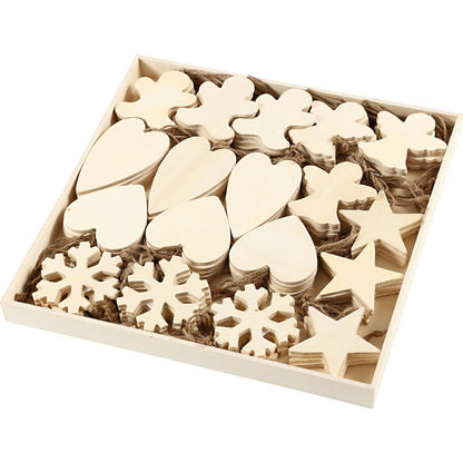 90 x Assorted Design Plywood Ornaments With Cord Christmas Decoration Crafts 9 - 11 cm - Home - Crafts