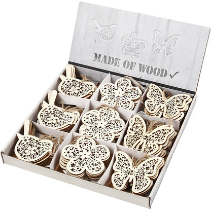 90 x Wooden Ornament Motifs With Cord Hanging Decoration Crafts - Butterfly Bird Flower - Home - Crafts