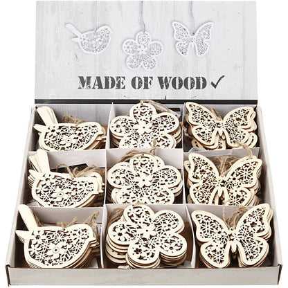 90 x Wooden Ornament Motifs With Cord Hanging Decoration Crafts - Butterfly Bird Flower - Home - Crafts