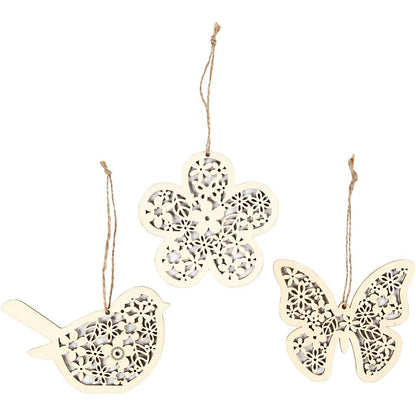 90 x Wooden Ornament Motifs With Cord Hanging Decoration Crafts - Butterfly Bird Flower - Home - Crafts