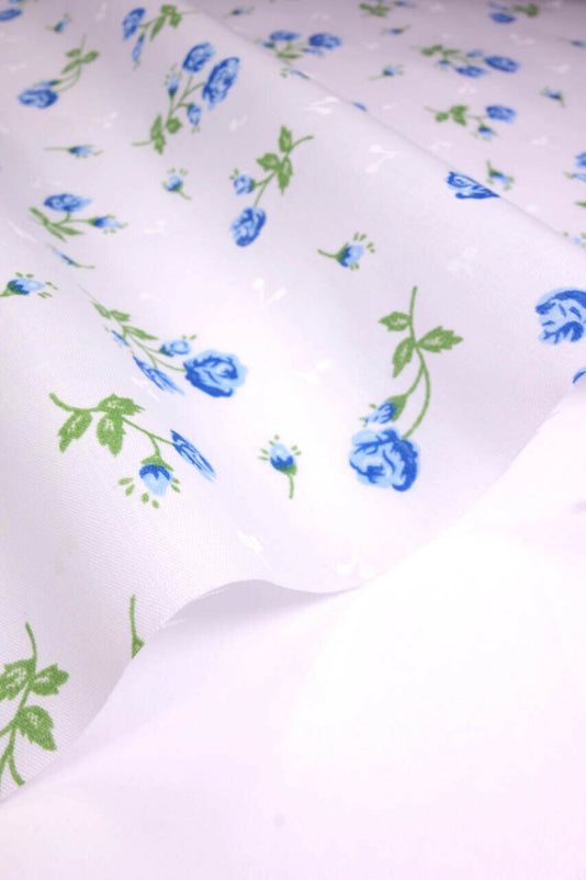 Amelia Blue Shabby Chic Polycotton Floral Fabric