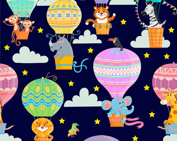 Animals Hot Air Balloons Navy Polycotton Children Fabric